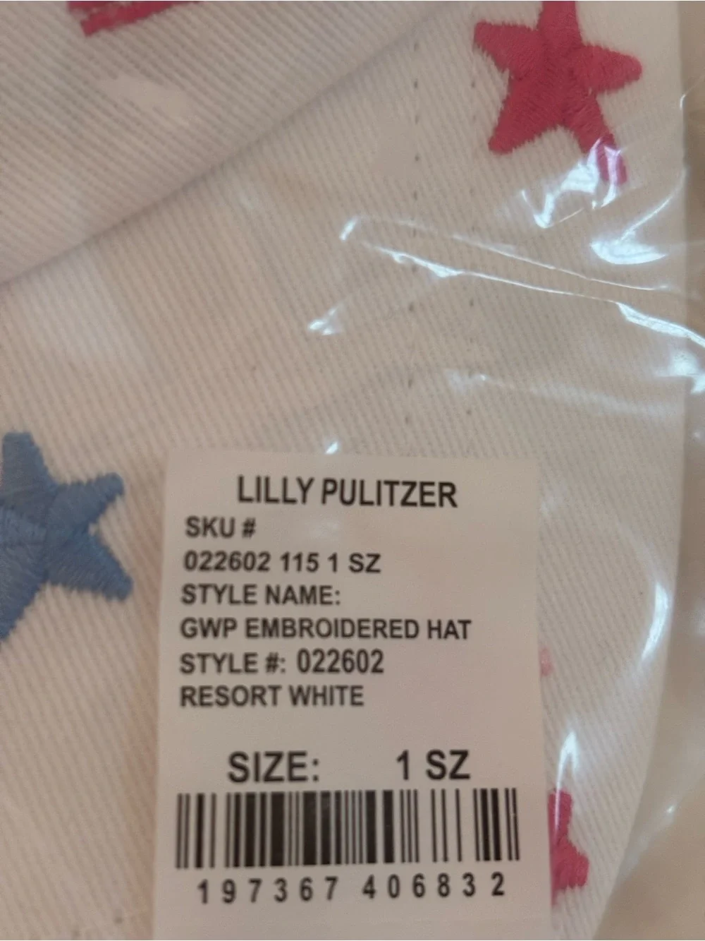 Lilly Pulitzer White Baseball Cap with Pink & Blue Star & Flag Embroidery